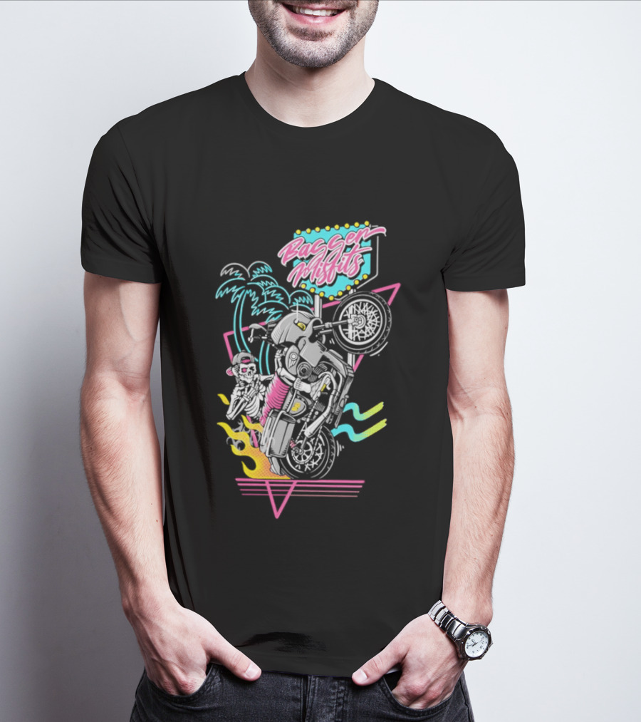 Bagger Misfits Skeleton Motorcycle Wheelie Neon 80s Palm Trees T-Shirt