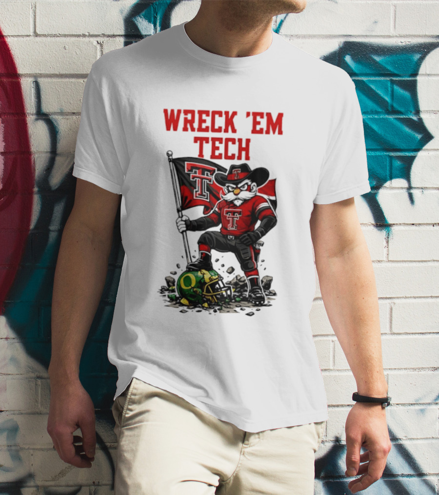 Wreck 'Em Tech Texas Tech Red Raiders Raider Red Flag And Helmet T-Shirt