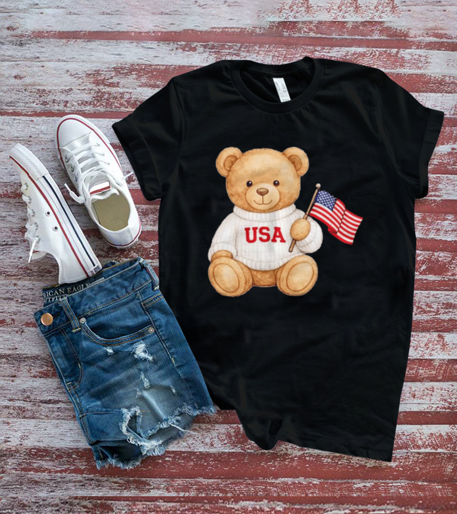 USA Teddy Bear Holding American Flag T-Shirt