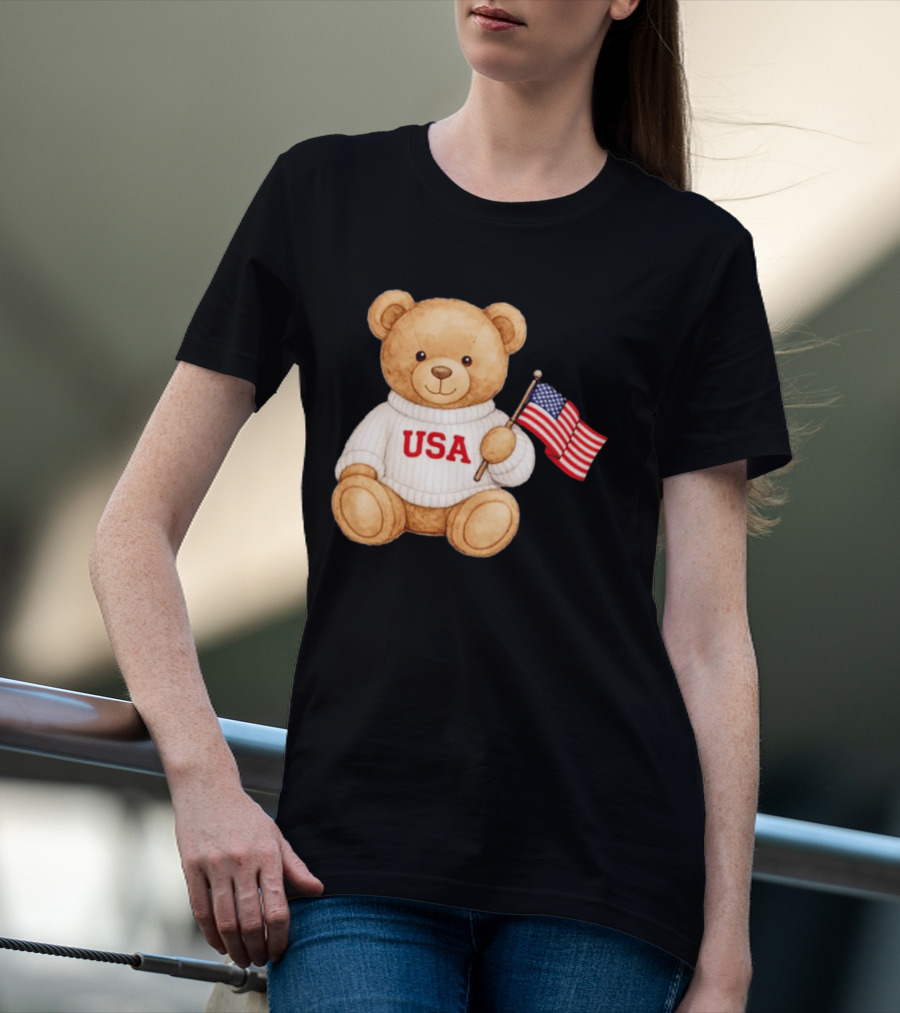 USA Teddy Bear Holding American Flag T-Shirt
