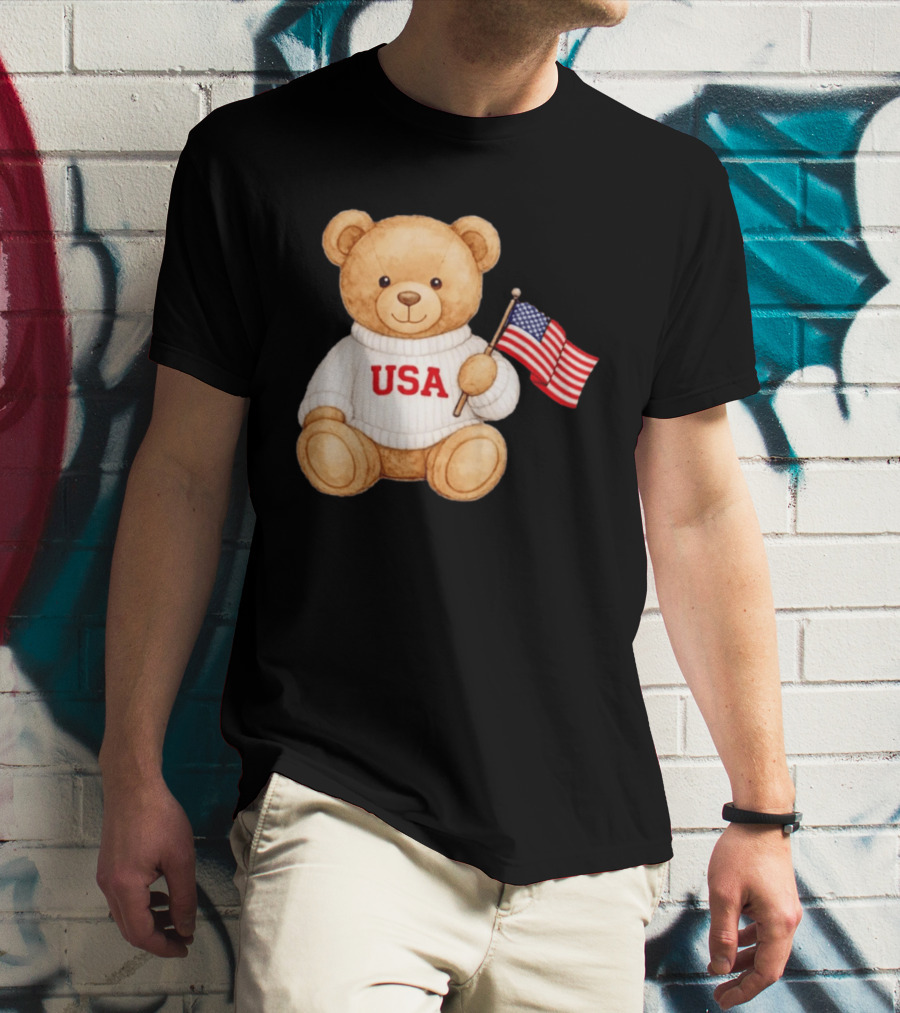 USA Teddy Bear Holding American Flag T-Shirt