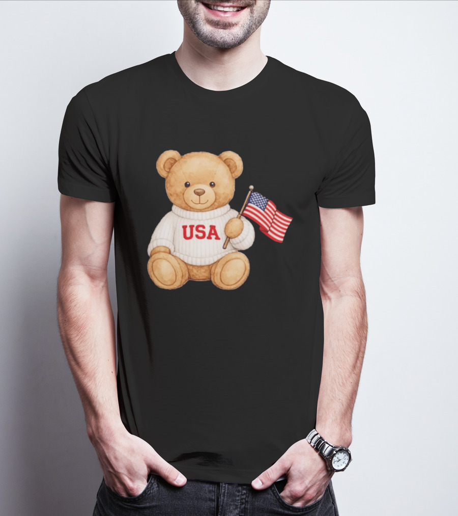 USA Teddy Bear Holding American Flag T-Shirt