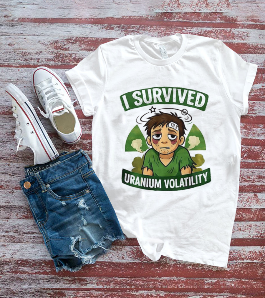 I Survived Uranium Volatility Exhausted Cartoon Character Wearing Torn Green T-Shirt