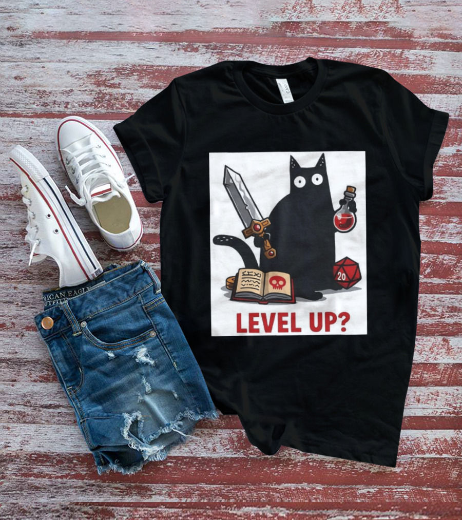 Black Cat Level Up Sword Potion D20 Dice Book Dungeons And Dragons T-Shirt