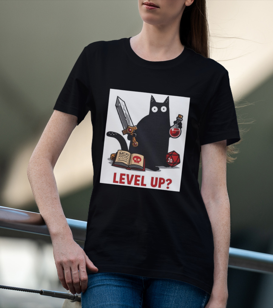 Black Cat Level Up Sword Potion D20 Dice Book Dungeons And Dragons T-Shirt