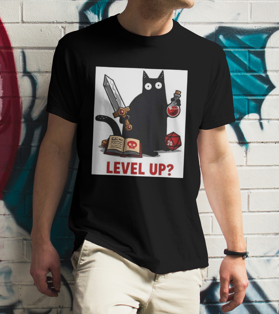 Black Cat Level Up Sword Potion D20 Dice Book Dungeons And Dragons T-Shirt