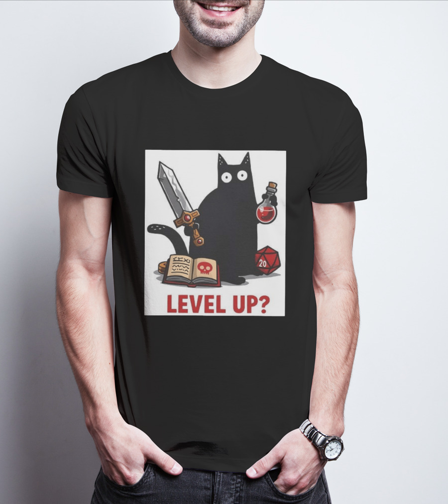 Black Cat Level Up Sword Potion D20 Dice Book Dungeons And Dragons T-Shirt