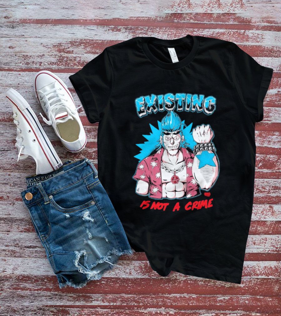 EXISTING IS NOT A CRIME Anime Punk Character Blue Hair Star Tattoo T-Shirt