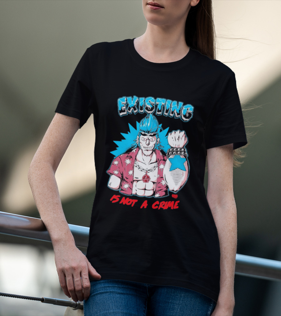 EXISTING IS NOT A CRIME Anime Punk Character Blue Hair Star Tattoo T-Shirt