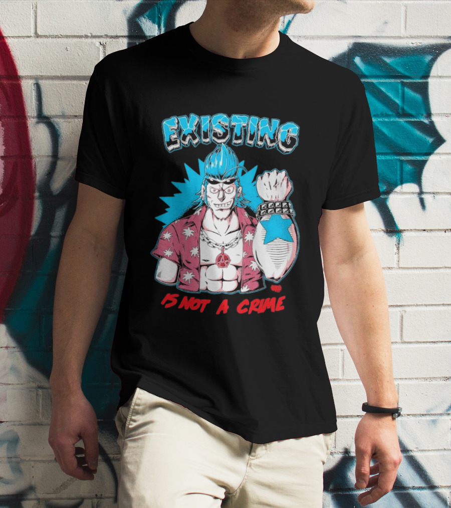 EXISTING IS NOT A CRIME Anime Punk Character Blue Hair Star Tattoo T-Shirt