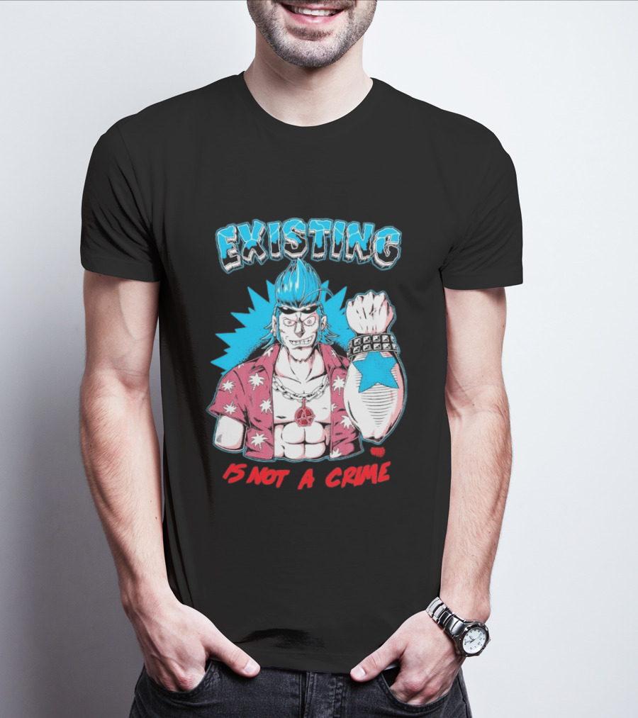 EXISTING IS NOT A CRIME Anime Punk Character Blue Hair Star Tattoo T-Shirt