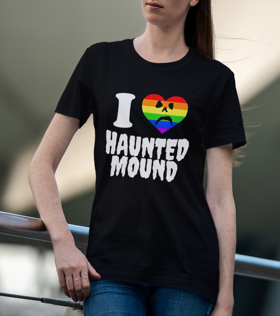 I Love Haunted Mound Rainbow Heart Face T-Shirt