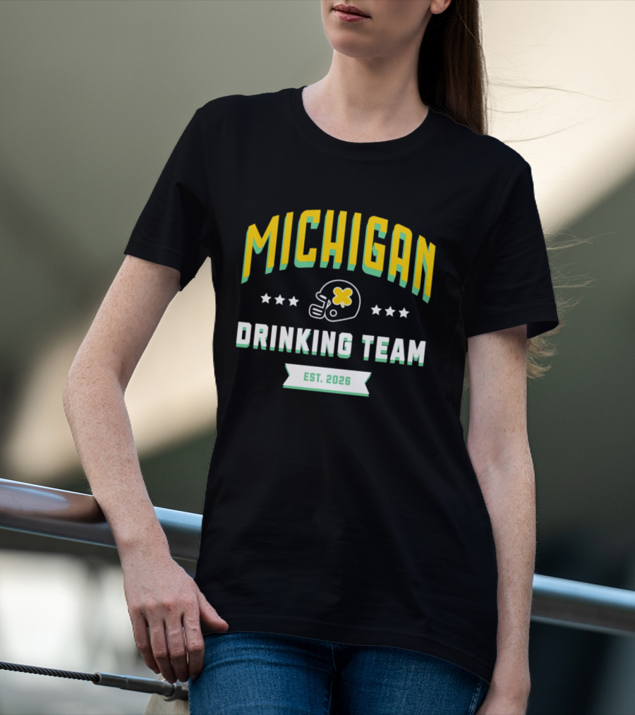 Michigan Wolverines Drinking Team St Patrick's Day Est 2026 Football Helmet Four Leaf Clover T-Shirt