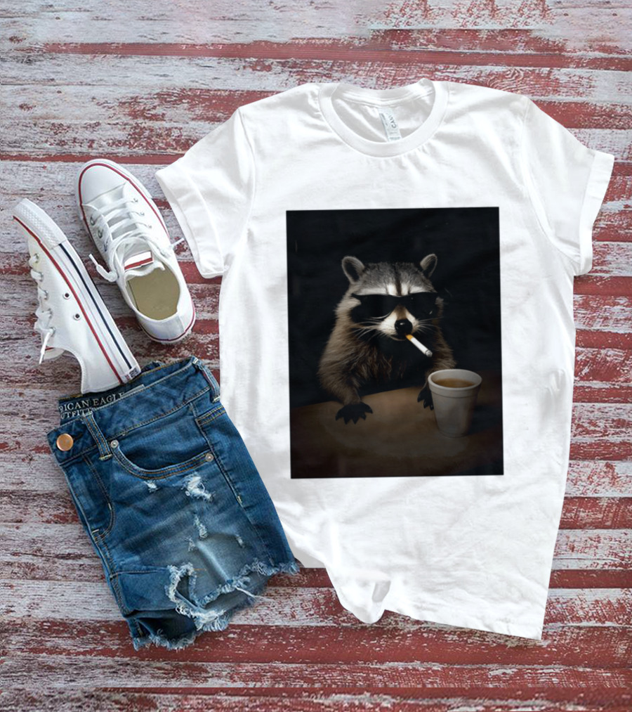 Raccoon Drinking Coffee Smoking Cigarette Wearing Sunglasses T-Shirt