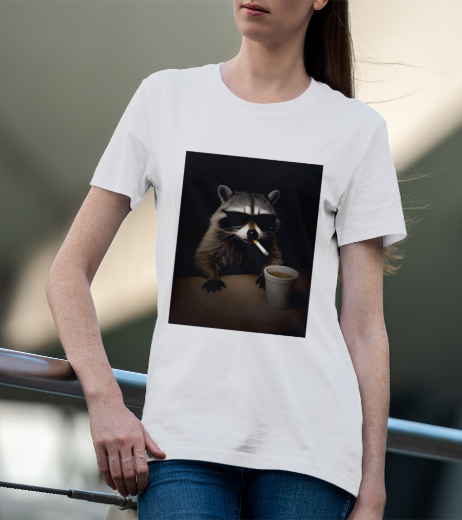 Raccoon Drinking Coffee Smoking Cigarette Wearing Sunglasses T-Shirt