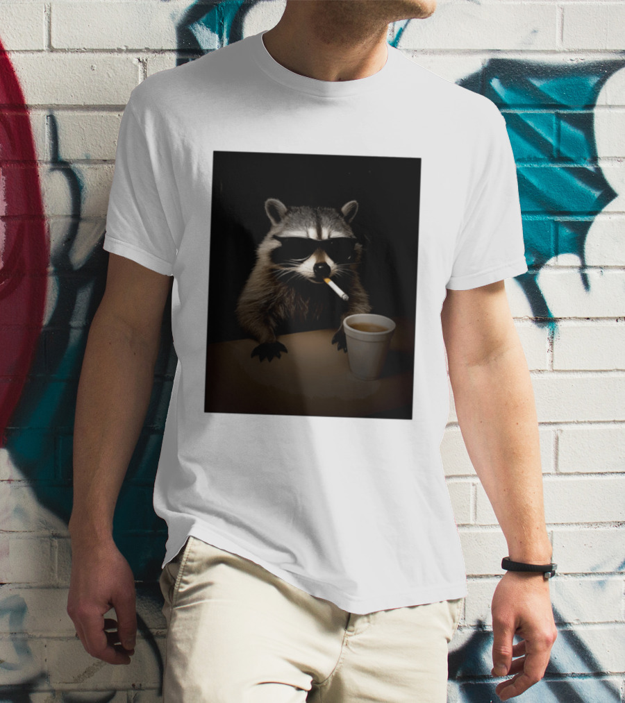 Raccoon Drinking Coffee Smoking Cigarette Wearing Sunglasses T-Shirt