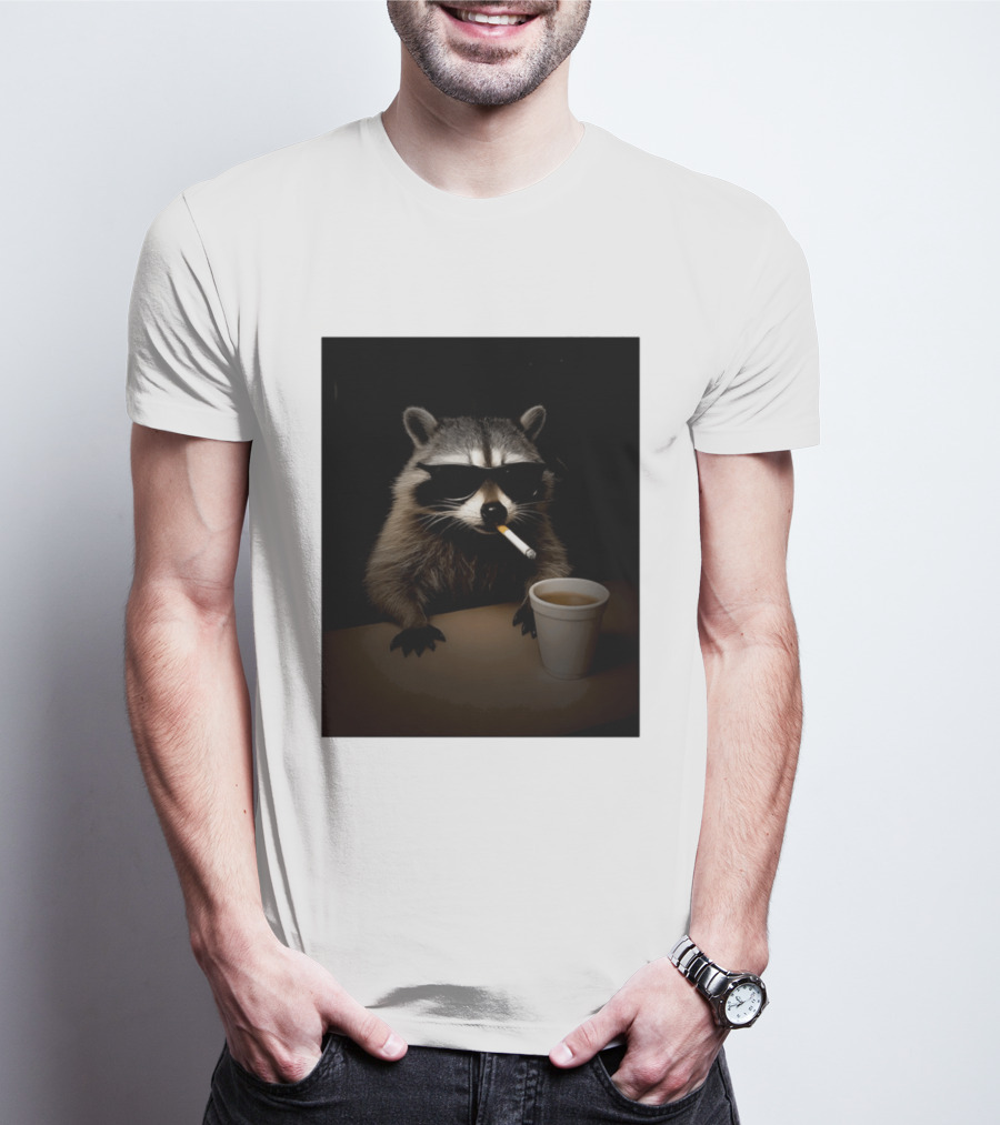 Raccoon Drinking Coffee Smoking Cigarette Wearing Sunglasses T-Shirt