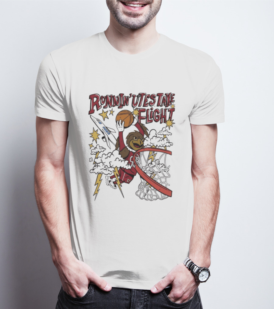 Runnin' Utes Take Flight Basketball Mascot Dunking With Clouds Lightning And Jet T-Shirt