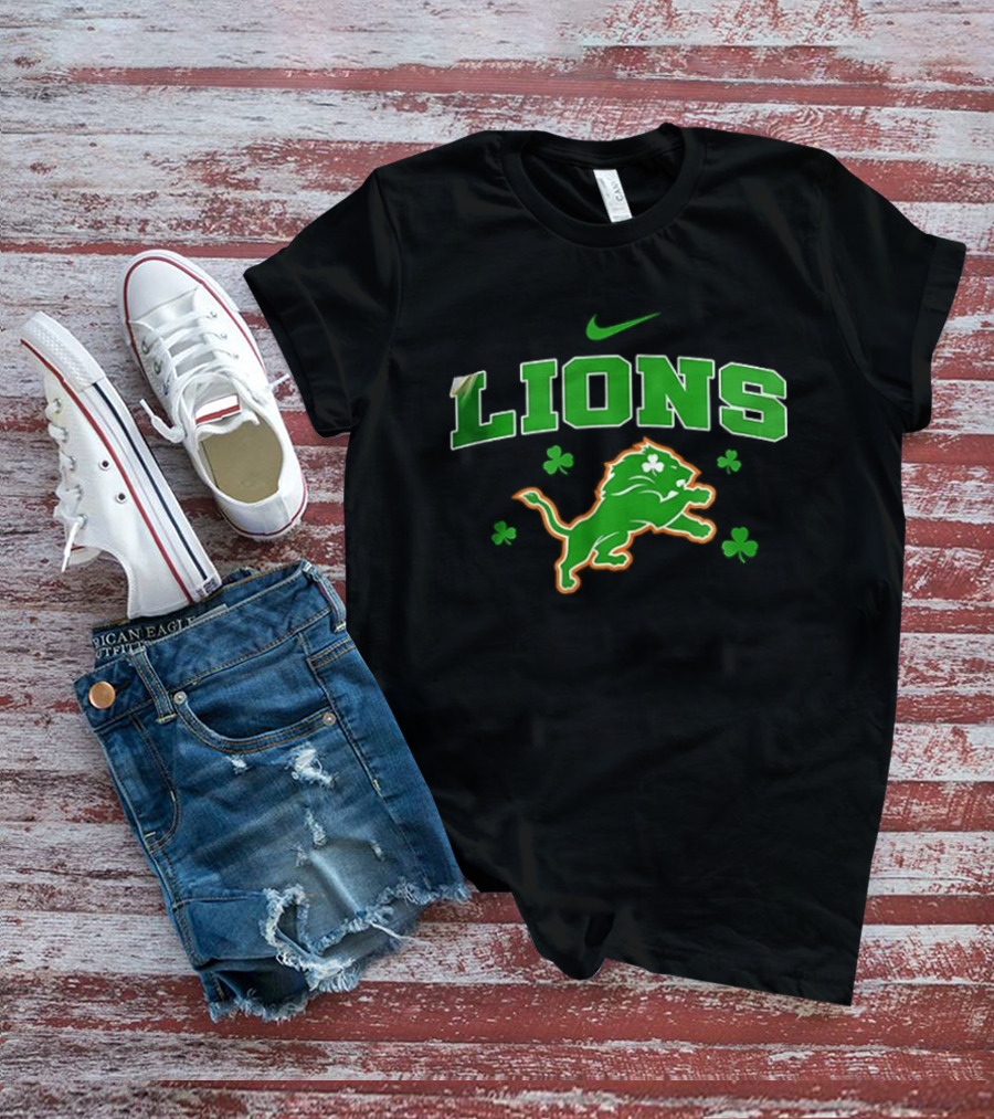 Detroit Lions Irish Theme With Green Shamrocks And Nike T-Shirt
