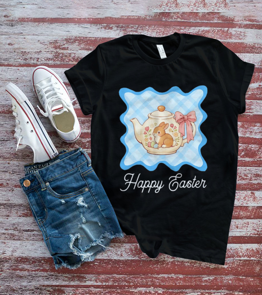 Happy Easter Bunny Teapot With Floral Blue Gingham And Pink Bow T-Shirt