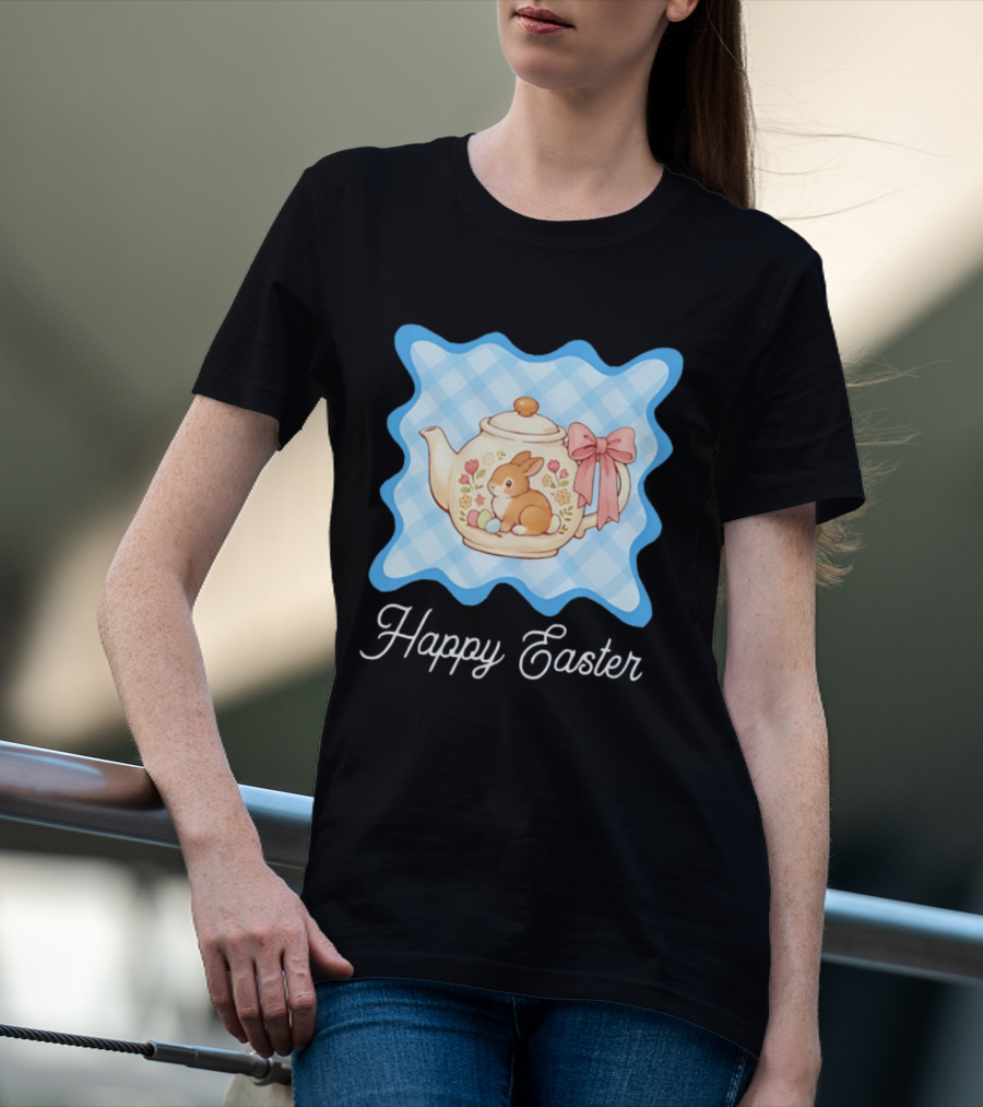 Happy Easter Bunny Teapot With Floral Blue Gingham And Pink Bow T-Shirt
