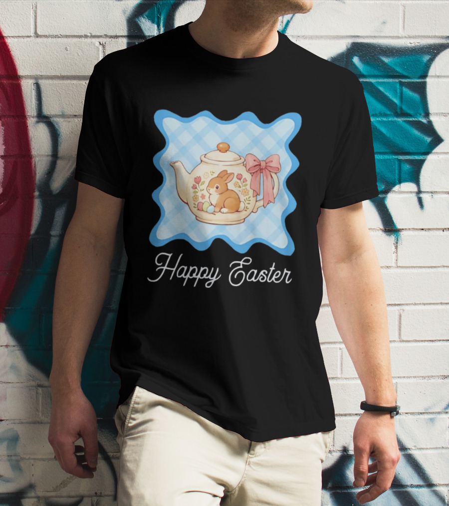 Happy Easter Bunny Teapot With Floral Blue Gingham And Pink Bow T-Shirt
