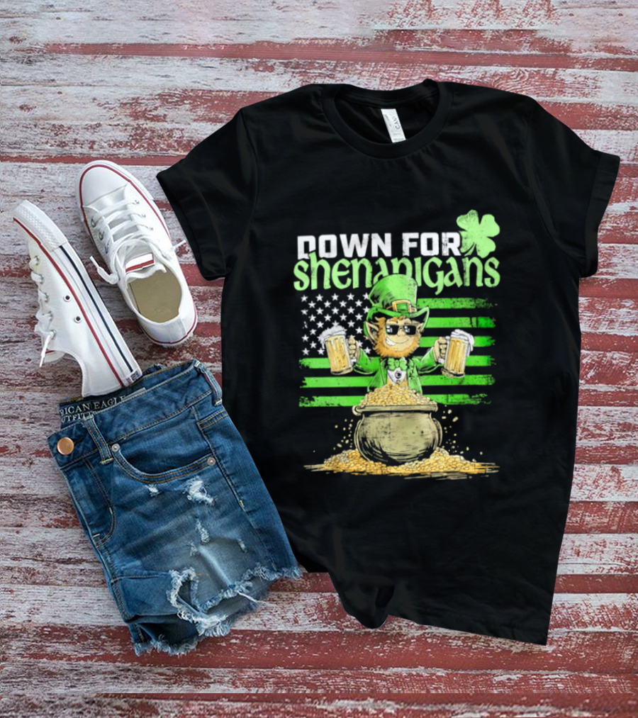 Down For Shenanigans Leprechaun With Beers And Clover American Flag T-Shirt