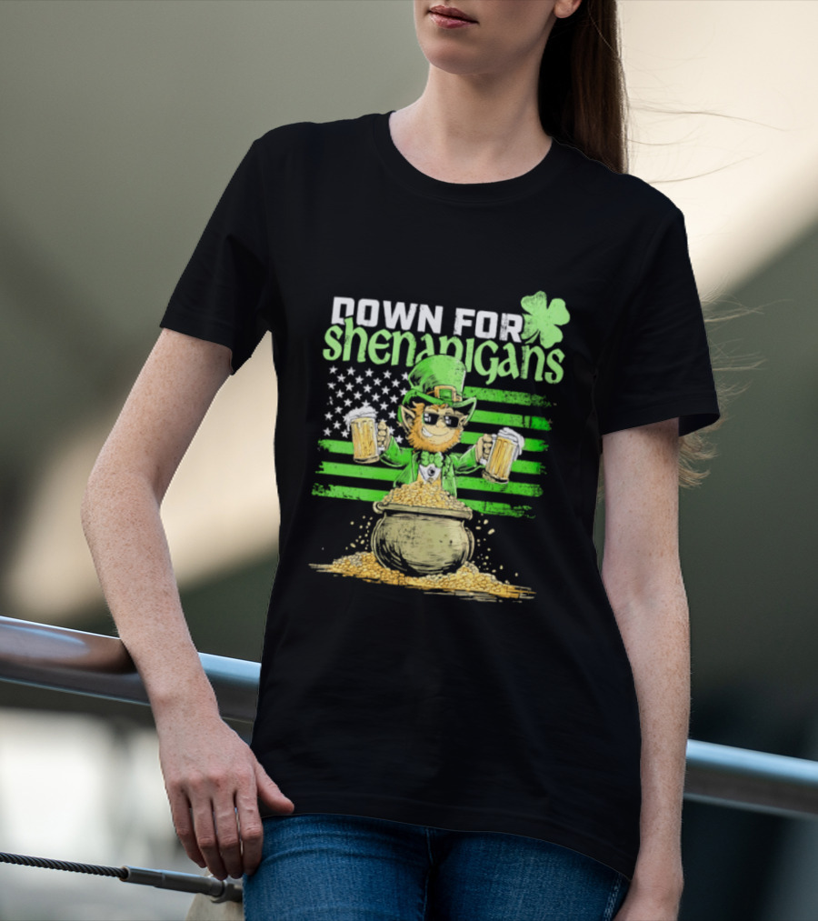 Down For Shenanigans Leprechaun With Beers And Clover American Flag T-Shirt