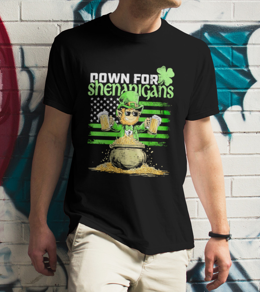 Down For Shenanigans Leprechaun With Beers And Clover American Flag T-Shirt