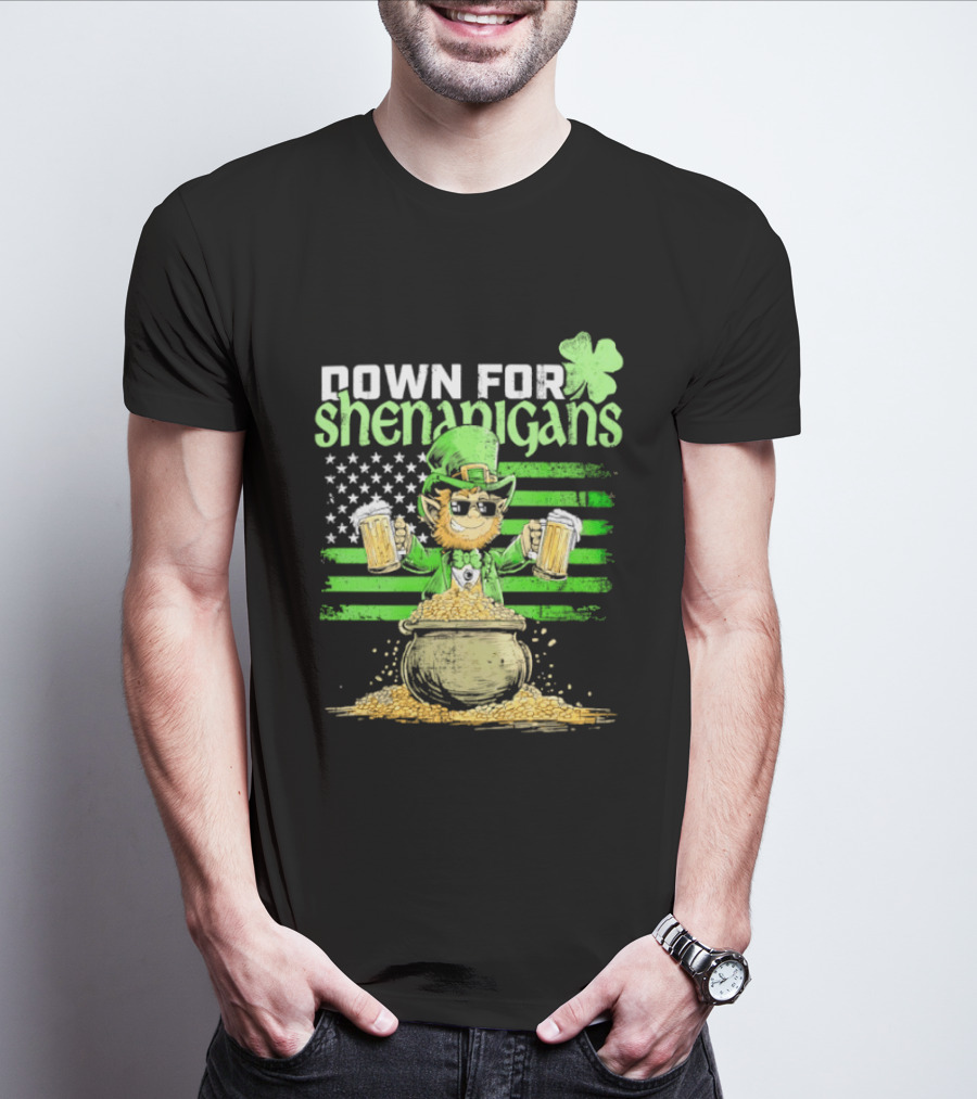Down For Shenanigans Leprechaun With Beers And Clover American Flag T-Shirt