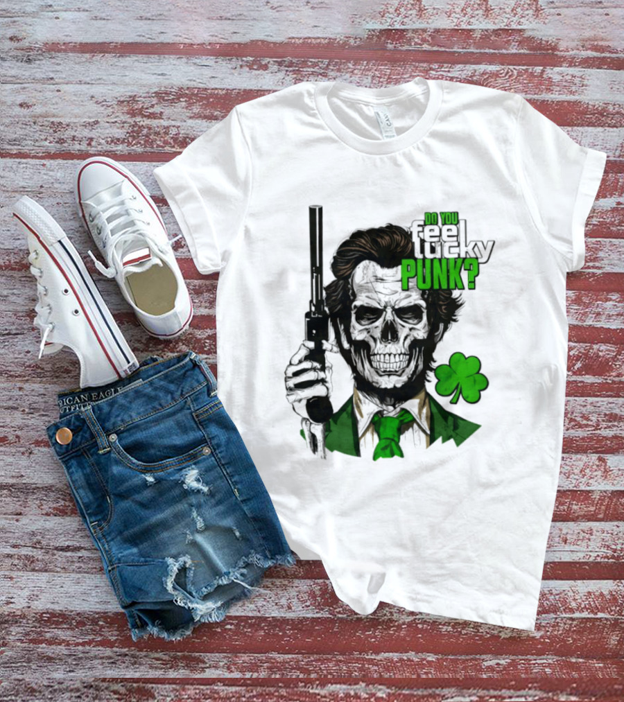 Do You Feel Lucky Punk Skull Gun Shamrock T-Shirt