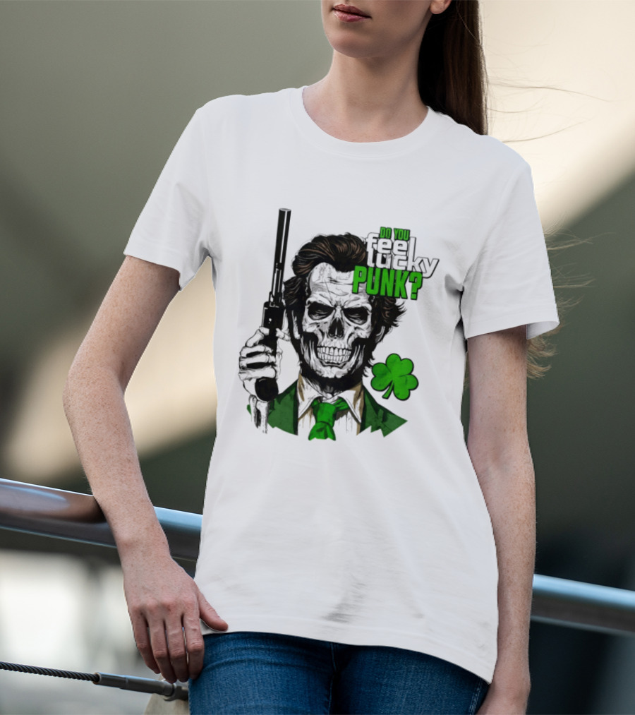 Do You Feel Lucky Punk Skull Gun Shamrock T-Shirt