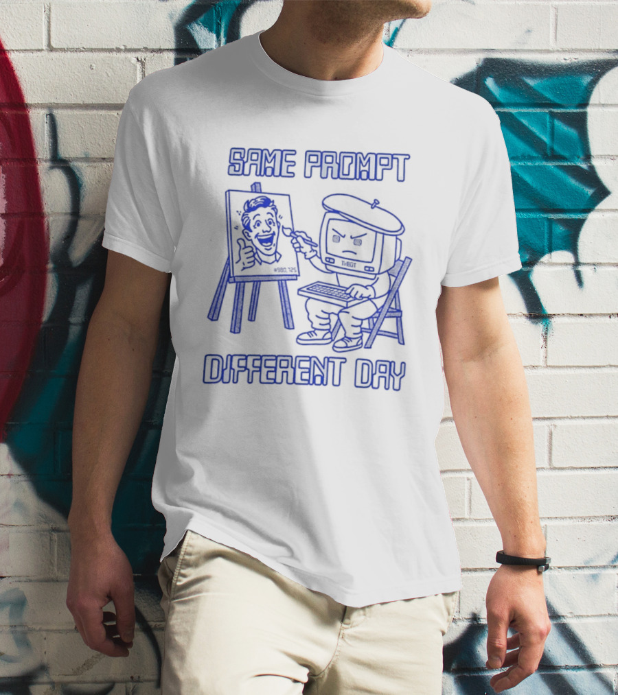 Same Prompt Different Day AI Painter Cartoon With Easel And T-Shirt