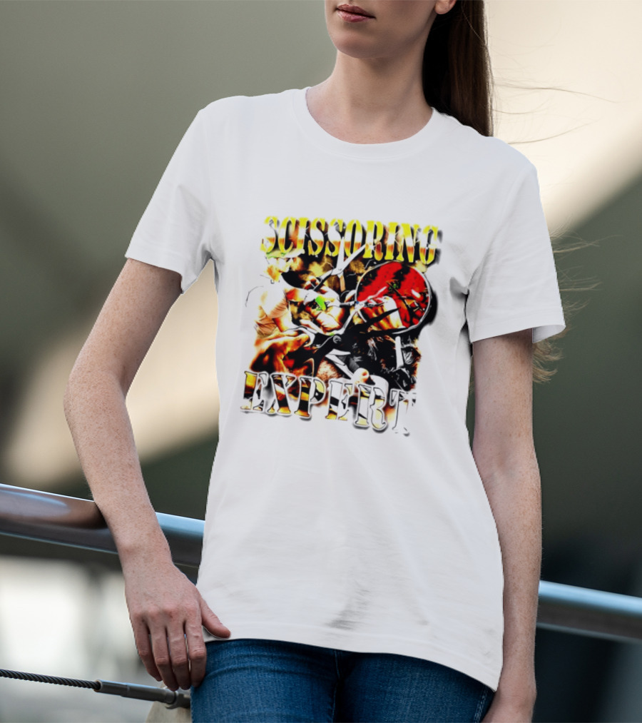 Scissoring Expert Vibrant Scissors Holding T-Shirt