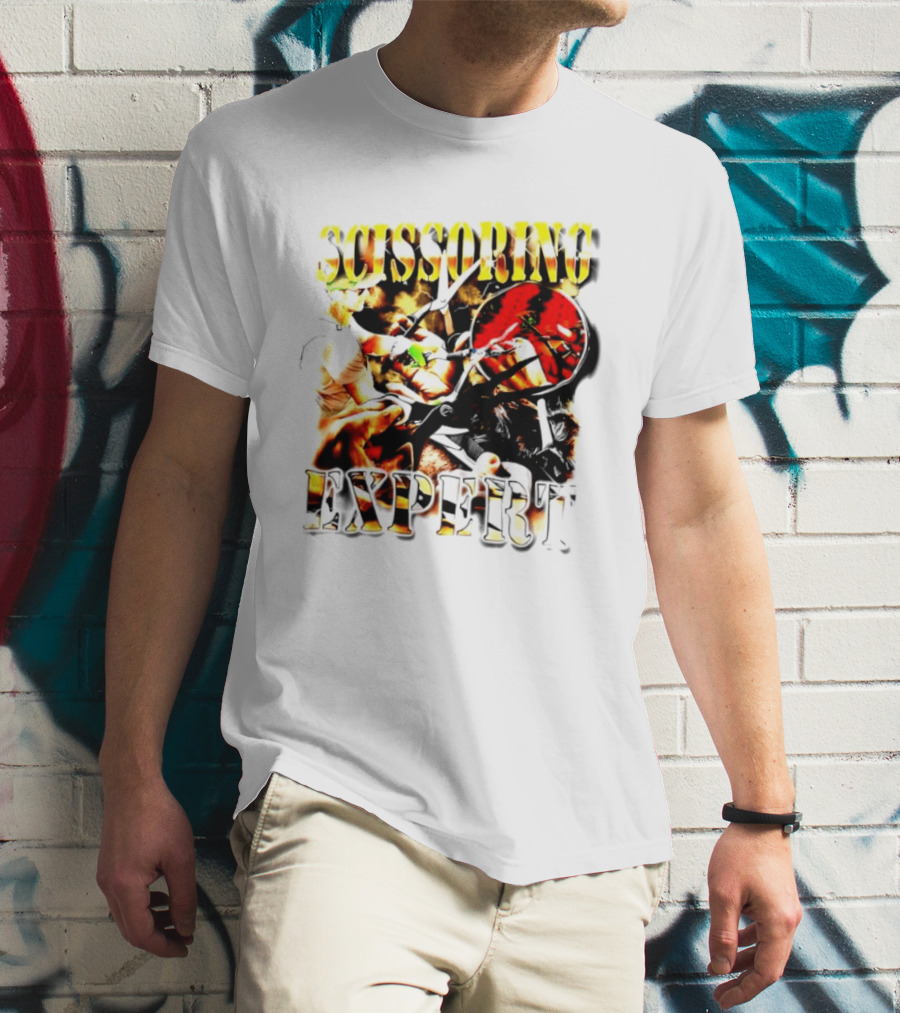 Scissoring Expert Vibrant Scissors Holding T-Shirt