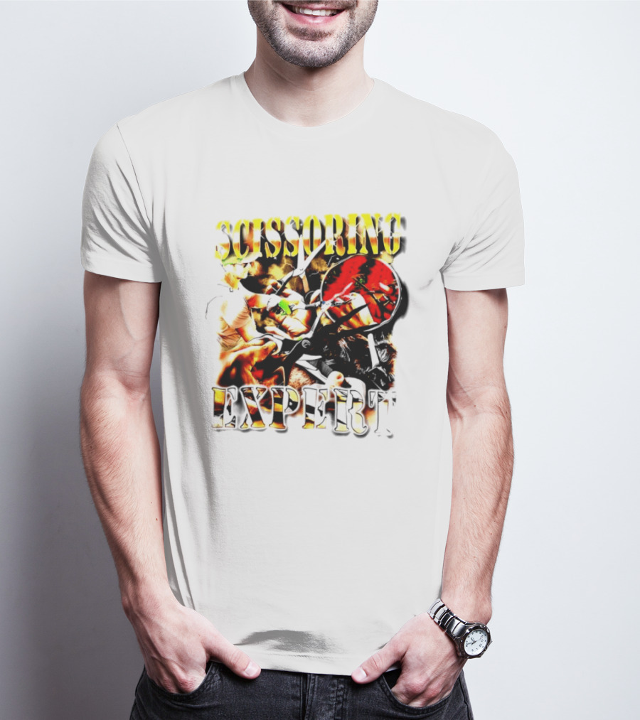 Scissoring Expert Vibrant Scissors Holding T-Shirt