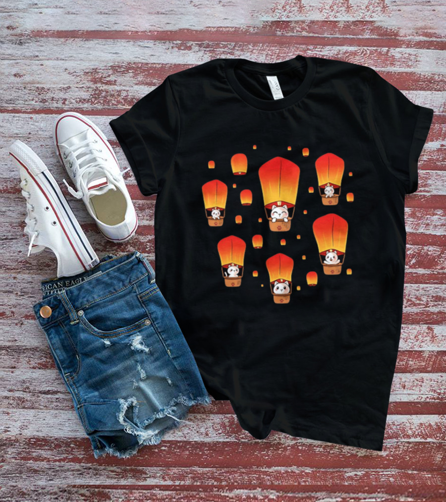 Cats In Lanterns Floating Skyward With Chinese New Year Charm T-Shirt
