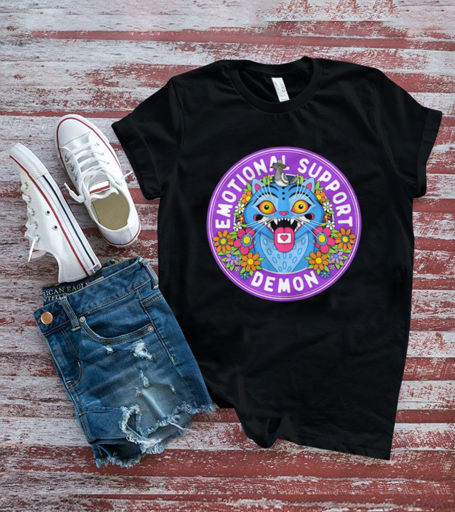 Emotional Support Derpy Demon Cat Surrounded By Flowers And Bird T-Shirt