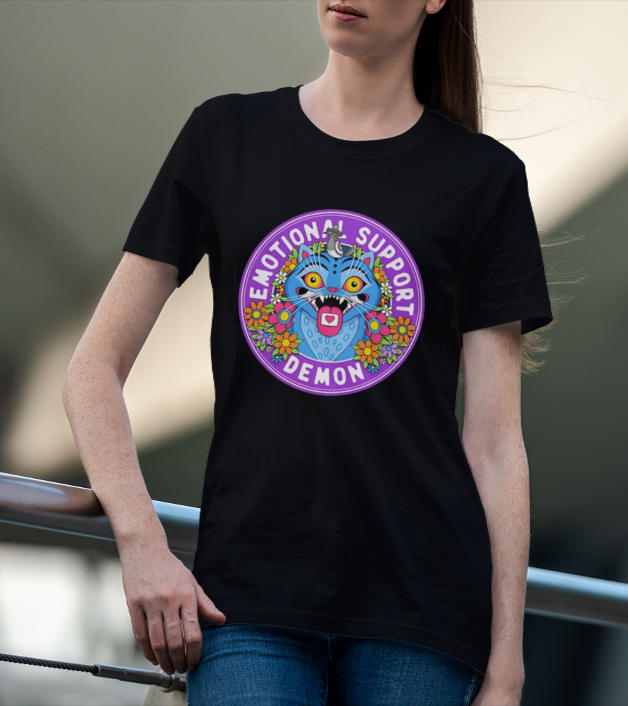 Emotional Support Derpy Demon Cat Surrounded By Flowers And Bird T-Shirt