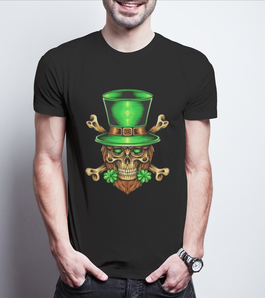Leprechaun Irish Skull Clover Crossbones Green Top Hat St Patrick's Day T-Shirt