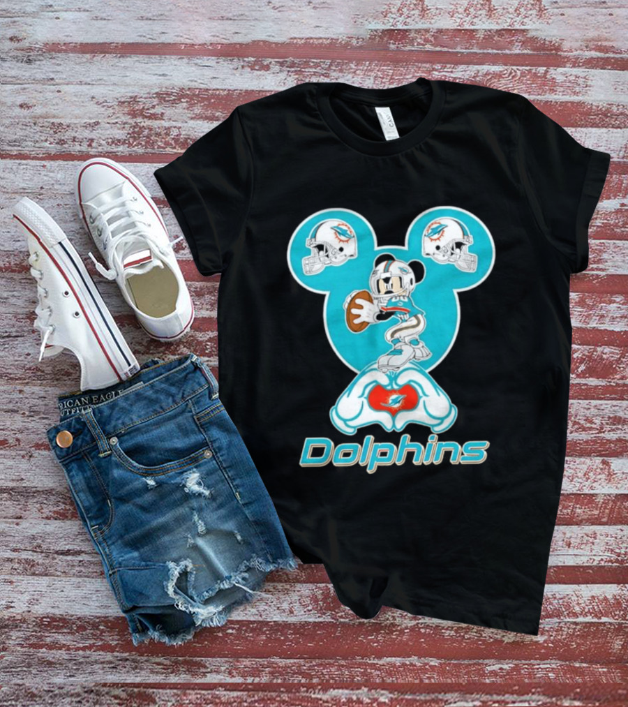 Miami Dolphins Mickey Mouse Heart Hands Football Helmets T-Shirt