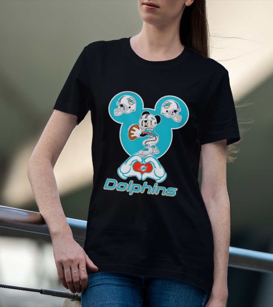 Miami Dolphins Mickey Mouse Heart Hands Football Helmets T-Shirt
