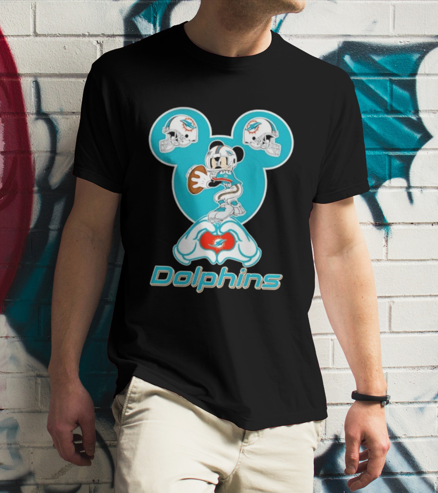 Miami Dolphins Mickey Mouse Heart Hands Football Helmets T-Shirt