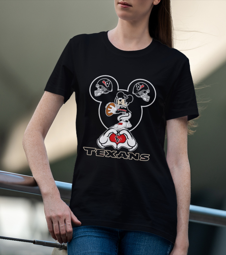Houston Texans Mickey Mouse Heart Hands Football T-Shirt