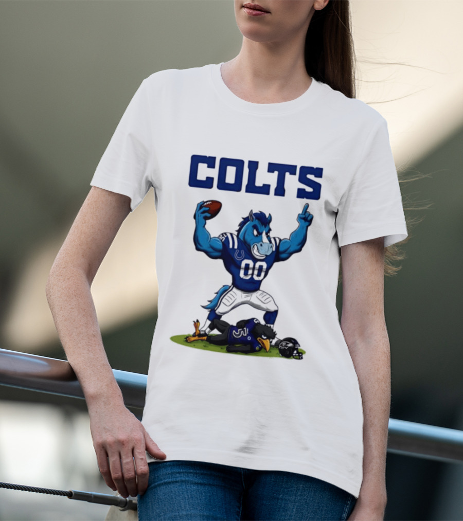 Indianapolis Colts Horse Mascot Defeats Baltimore Ravens Bird Rivalry Football Showdown T-Shirt