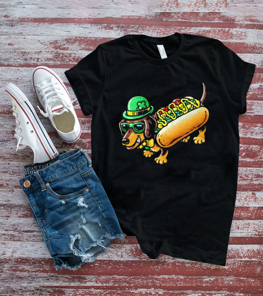 St Patricks Day Chicago Hot Dog Wearing Irish Hat And Glasses T-Shirt