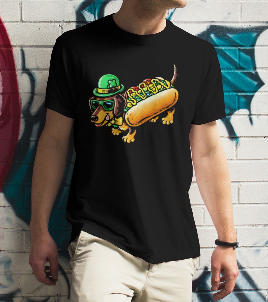 St Patricks Day Chicago Hot Dog Wearing Irish Hat And Glasses T-Shirt