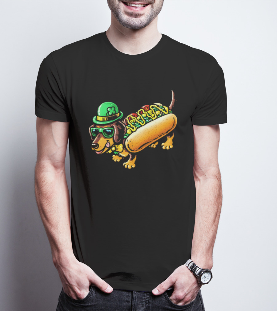 St Patricks Day Chicago Hot Dog Wearing Irish Hat And Glasses T-Shirt