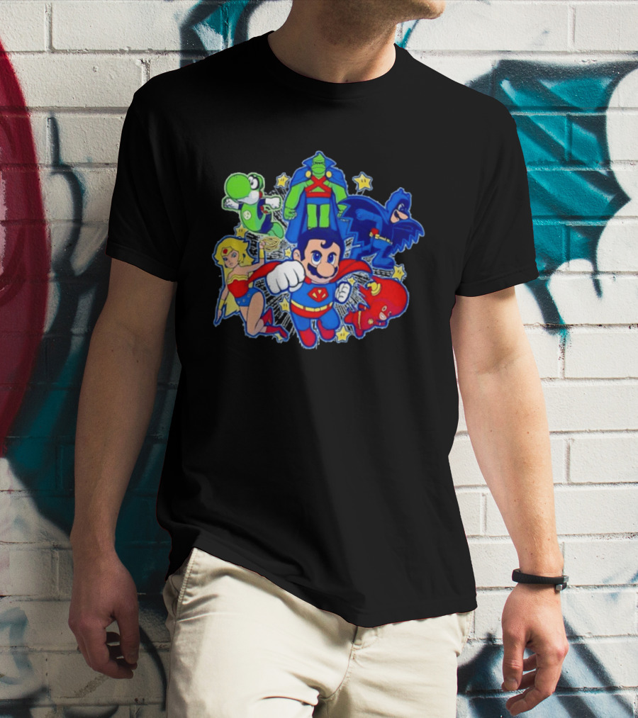 Justice League Mario Bros Crossover With Yoshi Batman Flash Wonder Woman Martian Manhunter T-Shirt