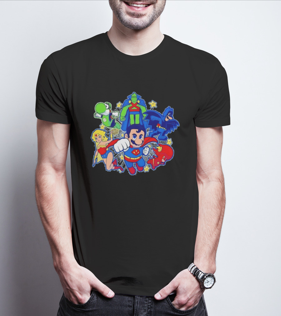 Justice League Mario Bros Crossover With Yoshi Batman Flash Wonder Woman Martian Manhunter T-Shirt